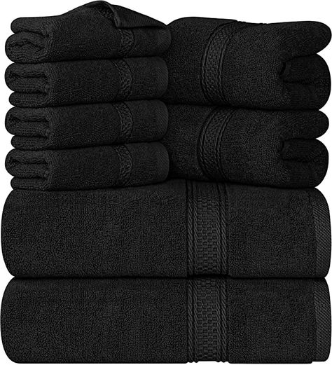 Utopia Towels 8-Piece Premium Towel Set, 2 Bath Towels, 2 Hand Towels, and 4 Wash Cloths, 600 GSM 100% Ring Spun Cotton Highly Absorbent Towels for Bathroom, Gym, Hotel, and Spa (Black) Grey And Coral, Black Towels, Wash Cloths, Shower Caps, Fingertip Towels, Turkish Towels Beach, Towel Pattern, Luxury Towels, Facial Cream