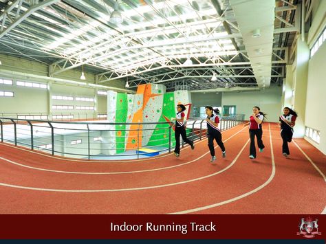 Our Indoor Running Track and Climbing Wall. Barndominium Gym, Indoor Running Track, Gym Designs, Rec Center, Wall Climbing, Indoor Track, Residential Schools, Running Track, Climbing Wall