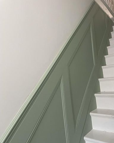 Olive Green Wall Panelling, Sage Green Hallway, Green Stairs, Dröm Hus Planer, Hallway Wall Colors, Stairs And Hallway Ideas, Hallway Paint Colors, Green Hallway Ideas, Stairs Colours