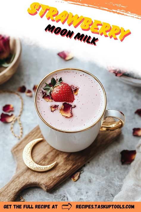 Soothe your senses with our enchanting Strawberry Moon Milk. This vibrant and creamy concoction, made from nature's sweetest strawberries, is not only delicious but also packed with nutrients. Perfect as a peaceful nightcap or an exquisite treat, it's like a liquid lullaby in a mug. Journey through our Pinterest board to discover the secret behind this blissful brew and how easy it is to make your own at home! Let's turn your ordinary nights into celestial experiences. #Straw Strawberry Moon Milk, Moon Milk Recipe, Moon Milk, Strawberry Moon, Cozy Drinks, Strawberry Moons, Ginger Spice, In A Mug, Plant Based Milk