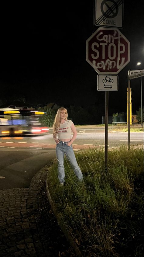 Night, bus, street sign, stop sign, girl Stop Sign Photoshoot, Street Sign Photoshoot, Front Street, Stop Sign, Fun Photoshoot, Birthday Planning, Road Signs, Street Signs, Girls Night