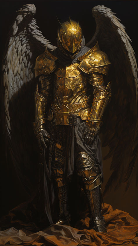 painting of a golden medieval knight, helmet with wings like hermes boots, 1970's dark fantasy art style, book cover art, surrealism: lifelike accuracy, volumetric lighting Winged Knight Art, Hermes Fantasy Art, Winged Boots Fantasy Art, Gold Knight Fantasy Art, Winged Helmet Knight, Armor With Wings, Fantasy Knight Helmet Design, Golden Mask Fantasy Art, Golden Warrior Fantasy Art