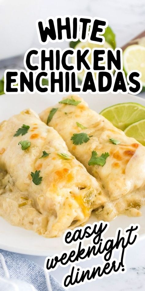 White chicken enchilada casserole served on a plate. Easy White Sauce Enchiladas, Easy White Chicken Enchilada Recipe, White Chicken Enchiladas Crockpot, White Chicken Chili Enchiladas, Small Batch Chicken Enchiladas, Easy Chicken Enchiladas With White Sauce, Chicken Suiza Enchiladas, White Sauce Enchiladas Chicken, Chicken Enchilada Recipes Easy