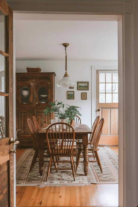 40 Beautiful Cottagecore Dining Room Ideas for a Vintage Look Rustic Living And Dining Room Combo, Pendant Lights In Dining Room, Cottagecore Dining Chairs, Vintage Farmhouse Dining Table, Add Vintage Charm To Home, Rustic Cottage Dining Room, Quaint Dining Room, Old Country Dining Room, Cozy Timeless Home