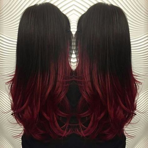 Dark Red Fade Hair, Red Ombre On Black Hair, Red Hair Ends Dip Dye, Black And Red Tips Hair, Dyeing The Ends Of The Hair, Red Dyed Ends Of Hair, Red To Black Hair Ombre, Black Hair With Ends Dyed, Black Hair With Red Ombre