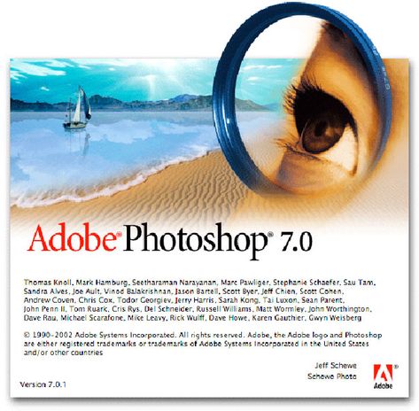 2002 – PHOTOSHOP 7.0 Version 7.0 introduced the healing brush and text that was fully vector-based. More importantly to veteran users, it introduced a new file browser that let designers easily pore through folders to find the graphics that they wanted. Files within a folder could be renamed using Batch Rename, plus a bunch of other helpful commands that made working with a high volume of files much easier. Workspaces could also be created and saved, allowing you to save your file locations and Download Adobe Photoshop, Adobe Software, Photoshop 7, Adobe Photo, Photoshop Software, Free Download Photoshop, Photoshop Pics, Splash Screen, Image Editing Software