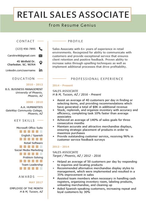 Retail Sales Associate Resume Sample & Writing Tips | Resume Genius Sales Associate Resume, Retail Resume Examples, Retail Worker, Retail Resume, Resume Summary Examples, Sales Resume Examples, Customer Service Resume, Cv Writing, Resume Objective Examples