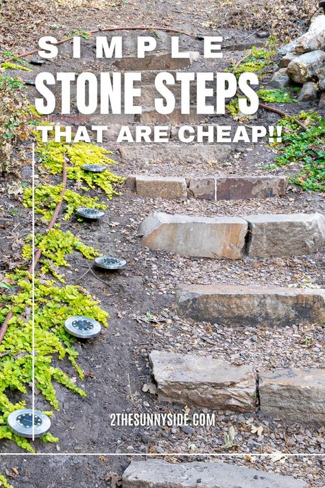 Try our inexpensive outdoor stone landscaping steps idea for your hill or slope. It doesn’t require special tools, just a shovel, rake and a level. This easy DIY can be done on a weekend, and they look so good in a natural setting. Our rock stairs are made with stacked stone pieces and flagstone chips. #outdoorstonesteps #diyoutdoorsteps #landscapesteps #landscapestairs Garden Steps Diy, Outdoor Stone Steps, Landscaping Steps, Sloped Backyard Landscaping, Landscaping A Slope, Landscape Stairs, Landscaping On A Hill, Landscape Steps, Sloped Yard