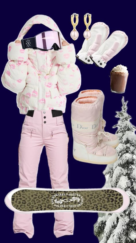 Snow Boarding Fit, Ski Outfit Aesthetic, Snowboarding Outfits, Collage Fits, Pink Snowboard, Ski Trip Outfit, Tennis Outfit Aesthetic, Outfit Boards, Trip Outfit