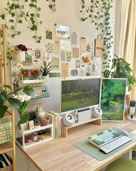 Nature-Inspired Desk Setup "Surround yourself with the calm of nature 🌿✨. This nature-inspired desk setup brings the outdoors in, creating a peaceful workspace. Huge thanks to @cozy.tealeaf for the earthy inspiration! #NatureInspired #GreenWorkspace #EcoFriendly #DeskGoals #WorkFromHome" Nighttime Photos, Grunge Bedroom, Rooms Interior, Cozy Desk, Computer Set, Cozy Office, Desk Setups, Desk Layout, Desk Inspo