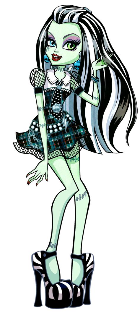 Monster High: Frankie Stein! Frankie Stein is the daughter of Frankenstein's Creature. Having been alive for only a short time, she is incredibly eager to learn more about the world around her, and is always ready to try new things with her friends. Her pet is a dog-like creature named Watzit. Bahia, Monster High Cosplay, Monster High Costume, Kostuum Halloween, Arte Monster High, Monster High Pictures, Frankie Stein, Moster High, Birthday Ideas For Her