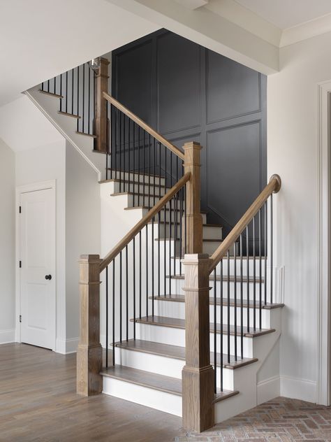 The Grove at Forest Hills - Lot 1 - Devin Taylor Interior Design Farmhouse Entry Stairs, Entry Ways With Stairs, Entry Modern Farmhouse, Farmhouse Stair Wall Decor, Entry Way With Staircase, Modern Entry Way Decor Ideas, Modern Farmhouse Banister Railings, Stair Railing Ideas Modern Farmhouse, Staircase Modern Farmhouse