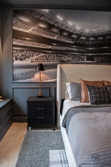 Boys Bedroom Furniture & Lighting - Taryn Whiteaker Designs Boys Bedroom Accent Wall Ideas, Boys Accent Wall Bedroom, Black Accent Wall Boys Bedroom, Boys Industrial Bedroom Ideas, Teen Baseball Bedroom, Teen Boy Bedroom Baseball, Boy Bedroom Accent Wall, Baseball Teen Room, Teen Boy Bed