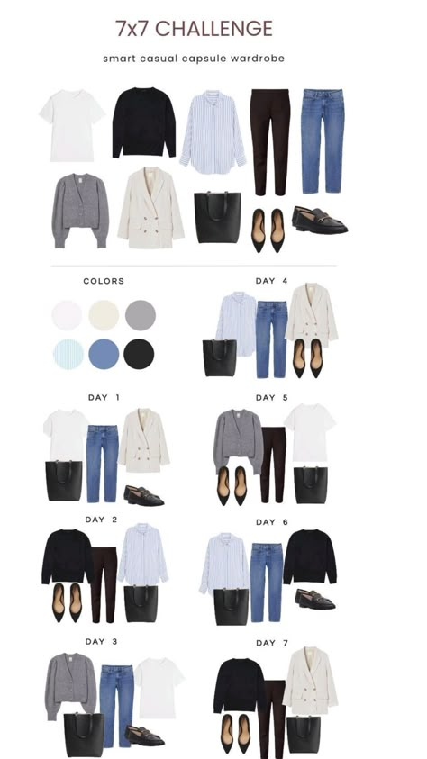 7x7 Challenge, Minimalist Wardrobe Capsule, Capsule Wardrobe Women, Classic Capsule Wardrobe, Capsule Wardrobe Outfits, Airplane Essentials, Fashion Capsule Wardrobe, Business Casual Outfits For Work, Wardrobe Capsule