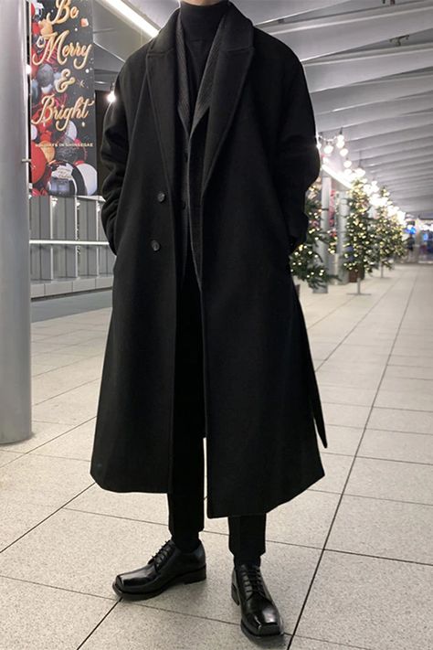 Trench Coat Outfit Men Black, Guys Trench Coat Outfits, Asian Trench Coat Outfit Men, Casual Coats Men, Trench Coat Korean Men, Men Black Trench Coat, Trench Coat Suit Men, Comfort Outfits Men, Men Long Black Coat