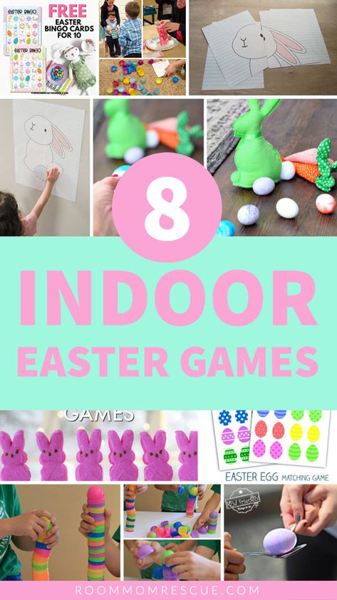 Easter egg hunts aren’t the only fun games your kids can play on Easter! Check out this list of 8 easy to make indoor Easter games for kids to play at home or at in the classroom. Get the best school holiday party ideas and tips for room moms at roommomrescue.com! #eastergamesforkids #indooreaster #indooreastergames Indoor Easter Games, Easter Game Ideas, Diy Easter Games, Easter Class Party, Easter Bingo Cards, Fun Easter Games, Easter Bingo, School Holiday Party, Easter Games For Kids