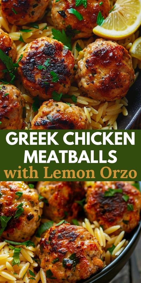 These Greek chicken meatballs with lemon orzo are a delightful and flavorful meal that combines the zesty flavors of lemon and herbs with the comforting texture of orzo pasta. Enjoy! Baked Chicken Meatballs With Creamy Butternut Squash And Spinach Orzo, Meatball Stew With Orzo And White Beans, Mediterranean Diet Recipes Meatballs, One Dish Dinners Healthy, Lemon Orzo With Chicken, Mediterranean Greek Recipes, Lemon Herb Orzo, Lemon Chicken Meatballs With Orzo, Turkey Meatball Orzo