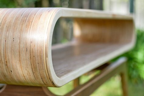 B-Side Console Table — Shaun Boyd Made This Plywood Office Furniture, Plywood Console Table, Laminated Plywood Furniture, Curved Plywood, Plywood Media Console, Plywood Storage Bench, Futuristic Furniture Design, Modern Wooden Furniture, Plywood Diy