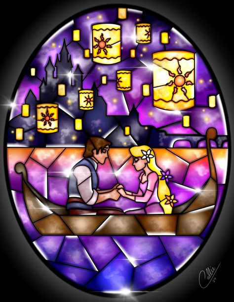 Stained Glass Tangled by CallieClara on DeviantArt Tangled Art, Disney Stained Glass, Deco Disney, People Cartoon, Images Disney, Painted Glass Art, Disney Rapunzel, Stained Glass Christmas, Arte Disney