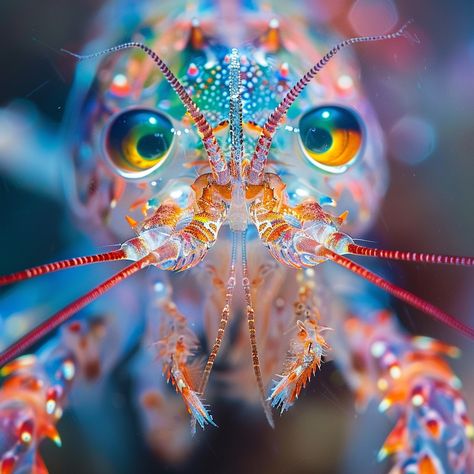 Vibrant Peacock Mantis: A close-up view of a stunning peacock mantis shrimp with vibrant colors and intricate patterns. #mantis #shrimp #peacock #crustacean #colorful #aiart #aiphoto #stockcake ⬇️ Download and 📝 Prompt 👉 https://stockcake.com/i/vibrant-peacock-mantis_533451_931167 Peacock Shrimp, Mantis Character Design, Peacock Mantis Shrimp, Peacock Images, Mantis Shrimp, Project Planning, Visual Texture, Colorful Fish, Underwater World