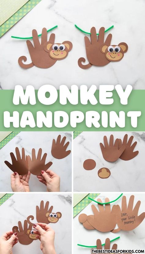 Monkey Handprint craft Montessori, Diy Monkey Decorations, M Is For Monkey Craft, Monkey Preschool Activities, Monkey Craft Preschool, Monkey Crafts For Kids, Monkey Handprint, Holiday Handprint Art, Monkey Diy