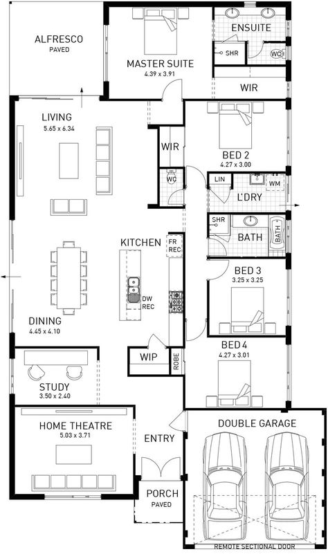 Single Storey Floor Plan, Master Layout, Four Bedroom House Plans, Single Storey House Plans, Narrow House Plans, Narrow Lot House, One Storey House, Bungalow Floor Plans, Narrow Lot House Plans