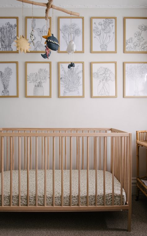 Neutral and textural nursery featuring handmade mobile, floral drawings and Ikea Sniglar cot Ikea Sniglar Cot, Moody Scandinavian, Ikea Cot, Nursery Photos, Wooden Cot, Floral Drawings, Nursery Floral, Scandinavian Look, Handmade Mobile