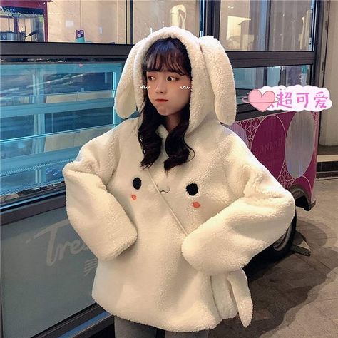 WHITE COLOUR PREEETY Bunny Hoodie Japanese Style Kawai Comfy Cozy Fur Pullover with Embroidery Cute Oversized Hoodies, Bunny Ear Hoodie, Bunny Halloween Costume, Kawaii Sweatshirt, Bunny Hoodie, Sweater Bags, Fluffy Bunny, Fluffy Sweater, Bunny Face