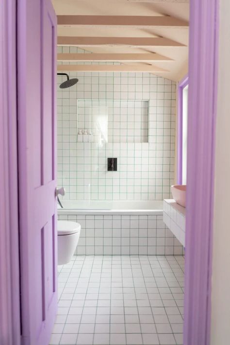 Green Grout, Purple Cabinets, Aesthetic Bathroom Decor, Pastel Bathroom, 20 Aesthetic, Black Floor Tiles, Coloured Grout, Aesthetic Bathroom, Black And White Tiles