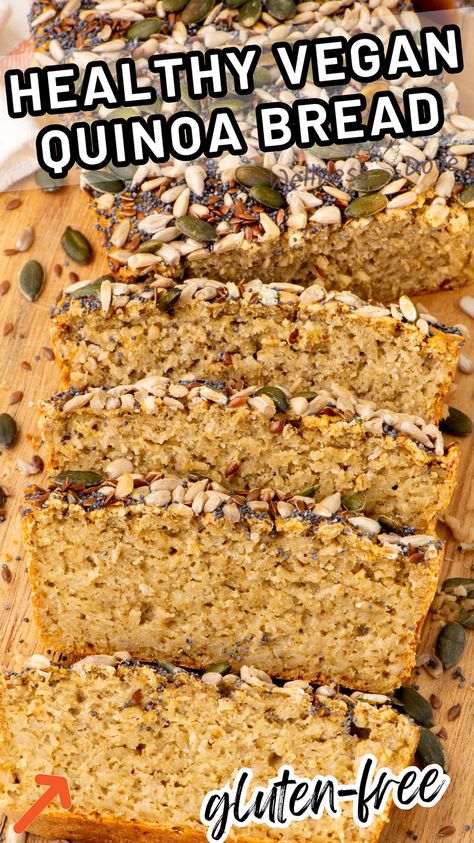 Discover the magic of this easy gluten-free vegan quinoa bread recipe, using just 4 basic ingredients. Enjoy its soft, moist, and flavorful texture, perfect for sandwiches or toasting. And the best part? It's a hassle-free, yeast-free, and a healthy gluten-free bread option you won't want to miss! Wfpb Bread, Quinoa Bread Recipe, Lentil Bread Recipe, Healthy Gluten Free Bread, Lentil Bread, Quinoa Bread, Gluten Free Vegan Bread, Vegan Breads, Yeast Free Breads