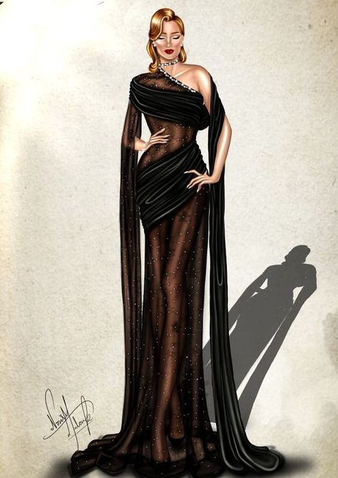 The Magic of Fashion Unveiled in Illustrations Black Dress Fashion Illustration, Fashion Design Collection Drawing, Digital Dress Illustration, How To Draw Design Fashion, Digital Dress Design, Dress Designs Sketch, Black Dress Sketch, Pop Art Fashion Illustration, Pearl Dress Design