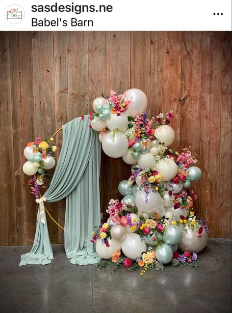 Backdrop Arches With Balloons, Panel Balloon Decor, Wedding Backdrop Reception Balloons, Pastel Balloon Garland With Flowers, Balloon Floral Arch, Spring Color Balloon Garland, Wisteria Balloon Arch, Wedding Reception Balloon Arch, Cottage Core Balloon Arch