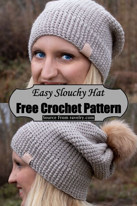 Easy Slouchy Hat Slouchy Beanie Crochet Pattern Free, Crochet Slouchy Hat Free Pattern, Crochet Slouchy Beanie Pattern, Slouchy Beanie Crochet, Crochet Slouch Beanie, Slouchy Beanie Pattern, Slouchy Hat Crochet Pattern, Beanie Pattern Free, Slouchy Hat Pattern