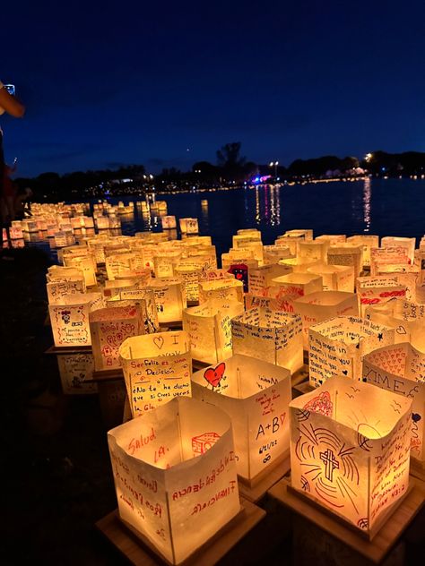 Water lantern festival Water Latern Decor Ideas, Water Lantern Festival Decorating Ideas, Lantern Festival Aesthetic, Latern Decor, Floating Water Lanterns, Paper Bag Lanterns, Floating Lantern Festival, Water Lantern Festival, Lantern Fest