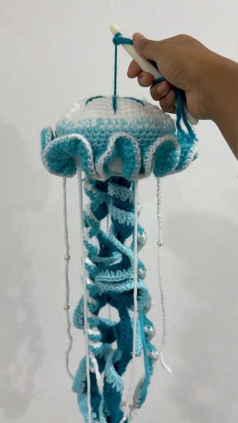 Crochet A Jellyfish, How To Crochet Jellyfish, Hanging Jellyfish Decor, Jellyfish Decor, Crochet Valentines, Jellyfish Decorations, Crochet Jellyfish, Hanging Crochet, Crocheted Jellyfish