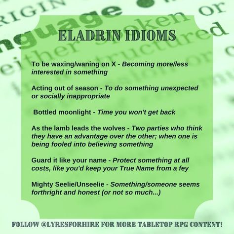 Dictionary-style text post containing eladrin idioms for Dungeons & Dragons Dnd Idioms, Dnd Languages, Eladrin Elf, Dm Ideas, Dnd Bard, Dnd Classes, Dungeon Master's Guide, Campaign Ideas, Dnd 5e Homebrew