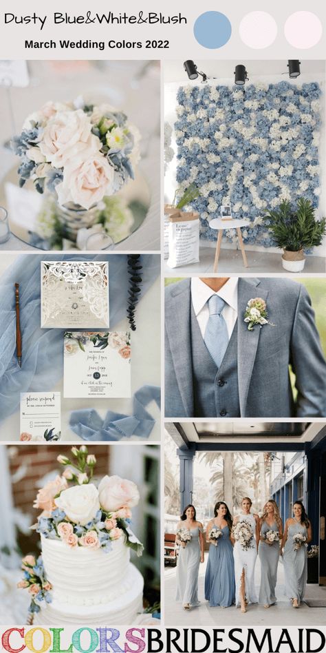 Top 8 March Wedding Color Combos for 2022 - ColorsBridesmaid March Wedding Decoration Ideas, Light Blue And Grey Wedding Theme, Wedding Color Schemes March, March Wedding Color Schemes, Spring Wedding Color Ideas, March Wedding Ideas, Blue And Grey Wedding, March Wedding Colors, Shades Of Blue Wedding