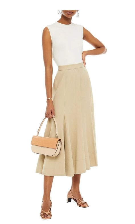 Beige flare midi skirt with white high neck Top. Workwear. Office. Corporate Beige Skirt White Top Outfit, Light Beige Skirt Outfit, Midi Beige Skirt Outfit, Cream Midi Skirt Outfit, Beige Midi Skirt Outfit, Aline Skirt Outfit, Cream Skirt Outfit, Flare Skirt Outfits, White High Neck Top