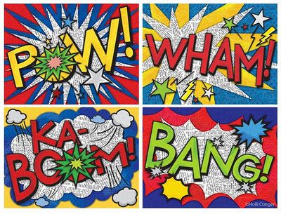 Onomatopoeia Art -- Comic book style. Love the word onomatopoeia, and I love that it's on recycled paper. Side Border, Superhero Classroom, Bd Art, Super Hero Theme, 6th Grade Art, 5th Grade Art, Roy Lichtenstein, Art Lessons Elementary, High School Art