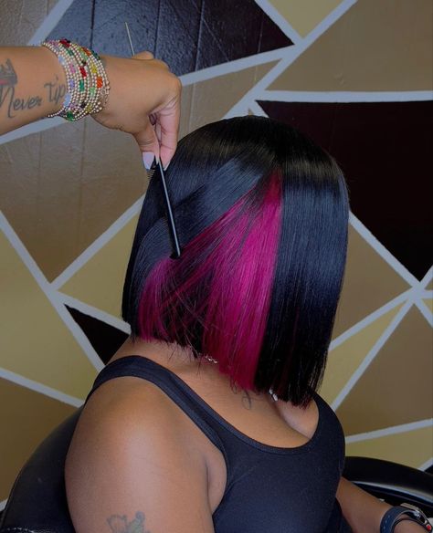 Peek A Boo Wigs For Black Women, Bob Hairstyles For Black Women Peek A Boo, Quick Weave Bob Peekaboo, Bob Wig With Peekaboo Color, Pink And Black Bob Black Women, Black Bob With Pink Underneath, Short Bob With Peekaboo Color, Peak A Boo Quick Weave, Pink Quick Weave Hairstyles