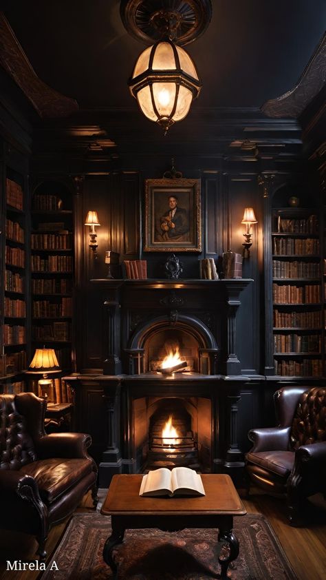 Old World Library Room, Dark Academia Bookshelves, Fireplace In Office, Snug Rooms, Acotar Background, Hogwarts Interior, Dark Cottagecore House, Dream Home Library, Dark And Moody Interiors