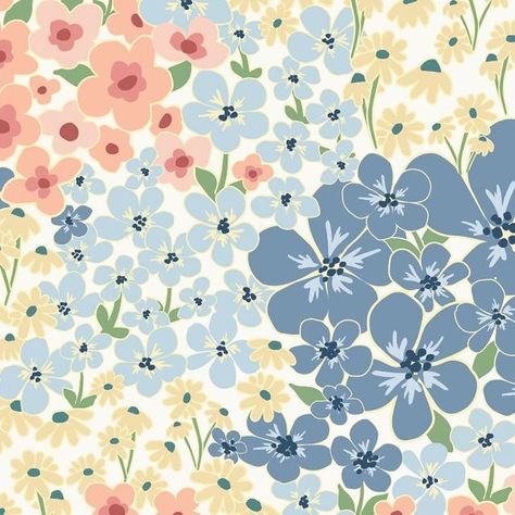 Mollie McGeever on Instagram: "A pretty new pattern to brighten your day! Spring Meadow is full of blues and corals and creams, originally painted in watercolor and arranged into a pattern in Illustrator! Might make a pretty wallpaper, or notecard, or wrapping paper, or little girl’s dress, or…🌸 #surfacepatterndesign #springpattern #watercolorpattern #watercolorflowers #surfacepatterndesigner #stationerypattern" Blue Flowers Pattern, Spring Pattern Illustration, Spring Illustration, Spring Meadow, Vintage Florals, Color Schemes Colour Palettes, Floral Prints Pattern, Pattern Collection, Wallpaper Wallpaper