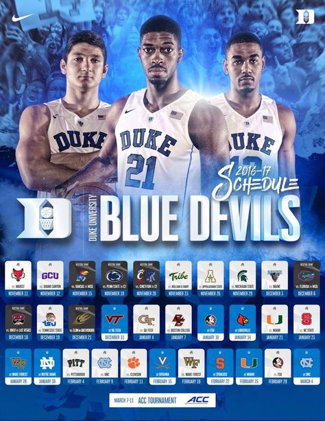 The Duke Blue Devils 2016 / 2017 Basketball schedule has just been released Basketball Schedule Poster, Basketball Schedule Design, Basketball Schedule Graphic, Schedule Graphic, Basketball Graphics, Schedule Ideas, Basketball Ideas, Ucla Basketball, Basketball Tshirt Designs