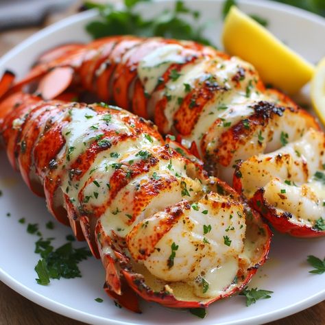 🦞🌿 Treat yourself to our luxurious Garlic Herb Butter Lobster! A decadent dish perfect for special occasions! 🍋🦞 #SeafoodDelight Garlic Herb Butter Lobster Ingredients: Lobster tails (2) Butter (1/4 cup) Garlic, minced (3 cloves) Fresh parsley, chopped (2 tbsp) Lemon juice (1 tbsp) Salt and pepper to taste Instructions: Preheat oven and split lobster tails lengthwise. Melt butter and mix with garlic, parsley, lemon juice, salt, and pepper. Brush mixture over lobster meat and bake until co... How To Eat Lobster, Fancy Lobster Dinner, High Class Food, Lobster Meal, Baked Lobster, Baked Lobster Tails, Butter Lobster, Lobster Dishes, Lobster Recipes Tail