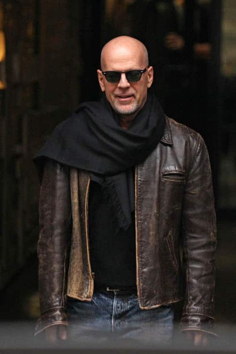 Bald Men Style, Best Beard Styles, Best Leather Jackets, Bald Man, Mens Fashion Blog, Bald Men, Bruce Willis, Sharp Dressed Man, How To Wear Scarves