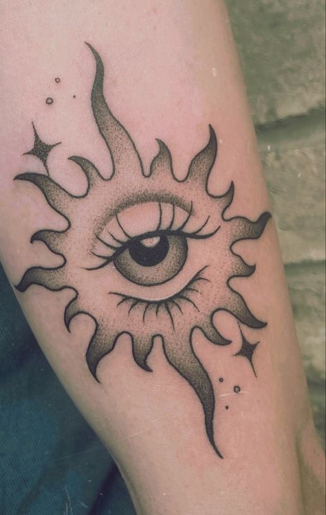 Eye Love You Tattoo, Eye Tattoo Trippy, Eye And Sun Tattoo, Eye On Fire Tattoo, Eye In Sun Tattoo, Sun And Eye Tattoo, Sun With Eye Tattoo, Sun Fire Tattoo, Under Eye Tattoos For Women