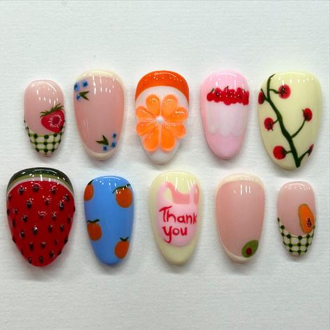 Picnic x fruits 🍉🍊 -custom order Inspo: @palomanailstudio - - - #nails #pressonnails #nailsofinstagram #explore Picnic Nails, Picnic Design, Fruit Nails, Cute Nails, Press On Nails, Nail Inspo, Custom Orders, Nail Art, Fruit