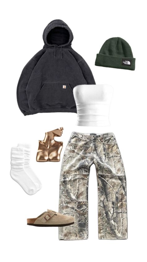 Back To School Outfits With Birkenstocks, Carhartt Camo Pants, Winter Ahs Outfit, Future And Metro Boomin Concert Outfits, Outfit Ideas Camo Pants, Cameo Pants Outfit, Ahs Outfit Ideas, Realtree Camo Pants Outfit, Ahs Aesthetic Outfits