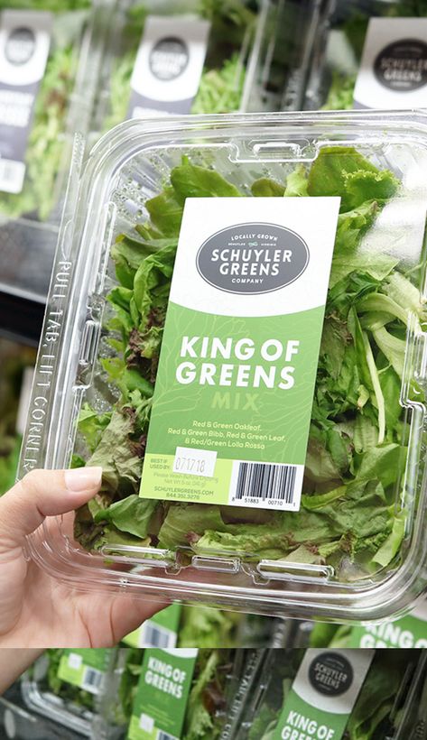 Schuyler Greens Salad Label Design by Watermark Design | Packaging for food, fresh lettuce, kale, greens mix, package, colorful, modern, minimal, artistic, creative | Food Packaging Packaging Lunch Box, Vegetables Packaging, Microgreens Salad, Fresh Food Packaging, Packaging For Food, Microgreens Garden, Food Label Sticker, Salad Packaging, Salad Mixes