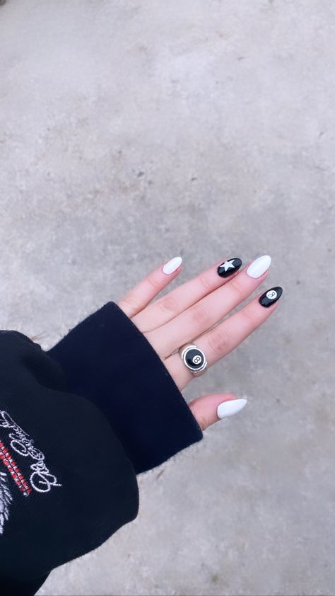 8 Ball Nails Short, 8 Ball Ring, Nails 8 Ball, 8 Ball Nail Art, Magic 8 Ball Nails, Pool Ball Nails, Nail Inspo Black And White, Eight Ball Nails, Casino Nails Designs